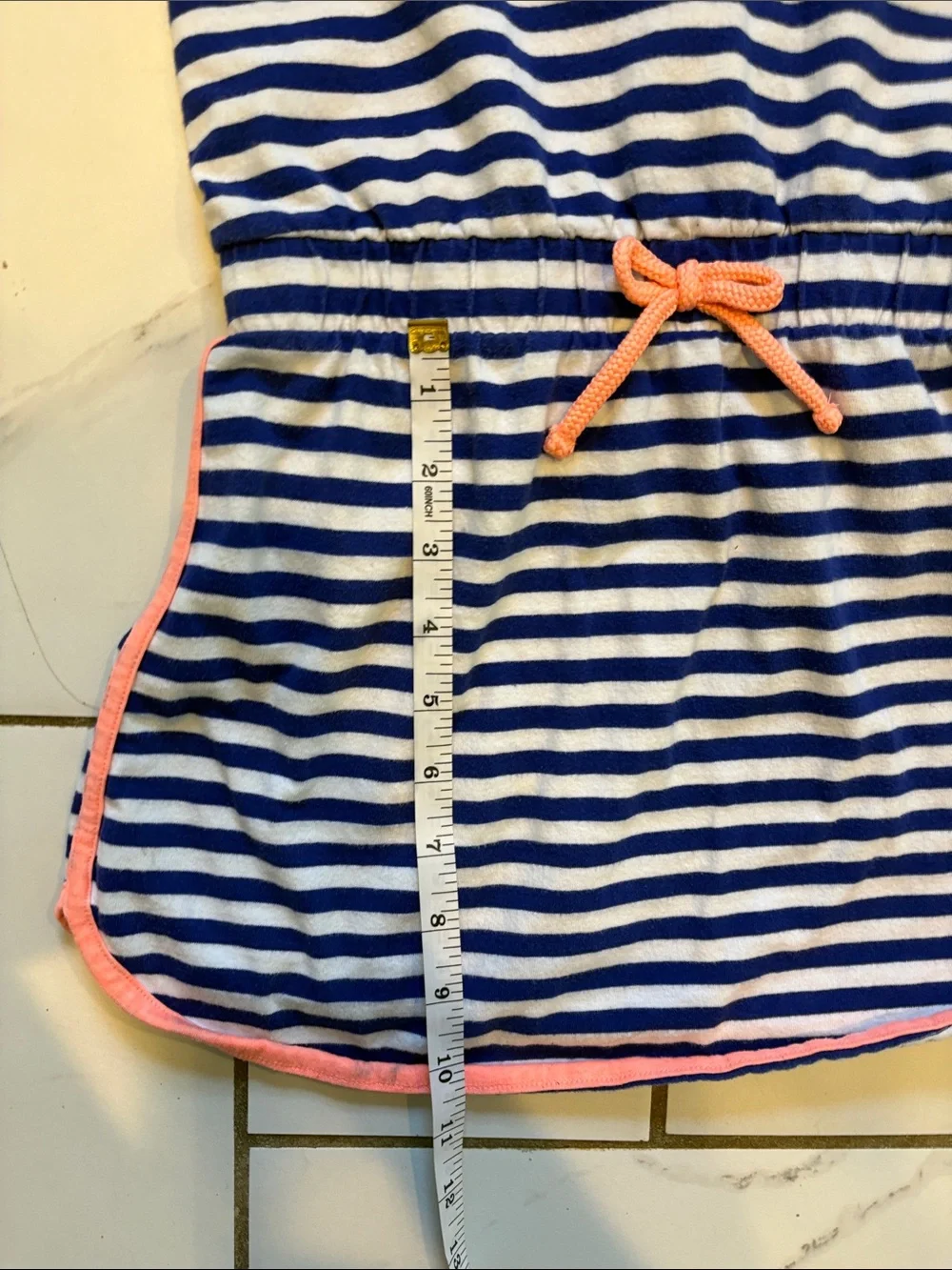 Gymboree Blue, White Striped Hooded Dress/Swim Cover with Coral Trim - size 7/8
